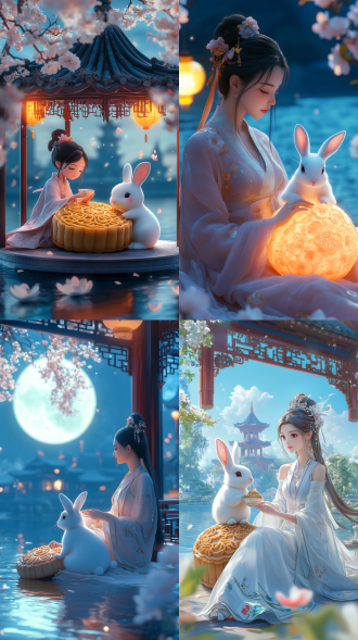 一个漂亮的女人和一只白兔坐在一个大月饼上，一起吃桂花树月饼。他们身后是一个巨大的亭子，上面有海报设计和精美的杰作。这是一个8k的3d卡通微型场景，背景是平静的水面，蓝色的水面