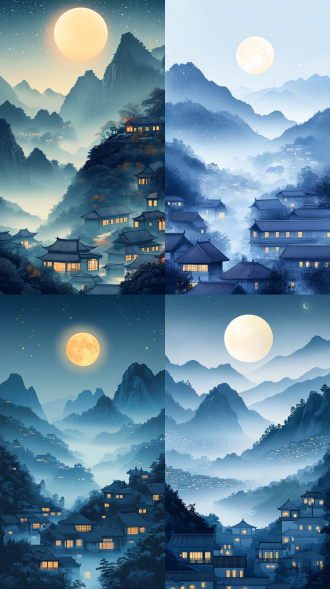 中秋节海报，山间明月，万家灯火，远山朦胧，传统服饰，彩色线条平涂风格，淡蓝色调为主，俯瞰视角，梵高画风，天空俯视，广角镜头，柔和光线，细腻纹理，宁静氛围，怀旧情感