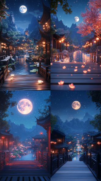 前视图。 一张中国中秋节的照片。 深蓝色的天空中有一轮月亮，天空中有星星。 中间是一条小溪，上面开着几朵莲花。 两边都是中国建筑，远处有小建筑和山脉。 下面是一块明亮的木地板，上面有围栏。 明亮的木板。 这张照片看起来像是中国中秋节的气氛。 3d、c4d、虚幻引擎。