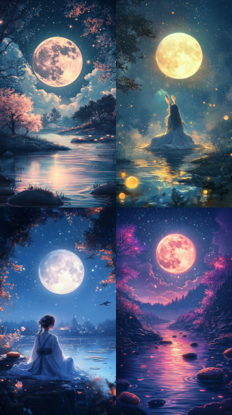 月饼，兔子，一个月亮，皎洁月光，流动星河与湖水，梦幻视觉体验，模糊的轮廓和渐变的色彩，展现了弥散、流动和无形之美的魅力
