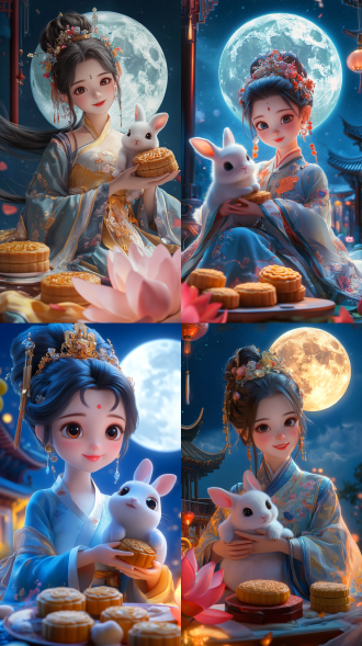 一位美丽的中国仙女，穿着华丽的中国传统服装，怀里抱着一只可爱的小兔子。她笑了。她的眼睛又大又明亮。她坐在莲花旁，月饼摆在桌子上，背景是中国传统建筑，一轮巨大的满月挂在蓝色的夜空中。蓝色和黄色调，温暖欢快的氛围，3d皮克斯卡通风格，c4d渲染，精致的细节，明亮的色彩，光线追踪