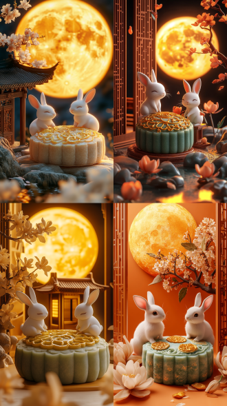 3d插图，两只可爱的白兔坐在一个巨大的玉质月饼周围，上面有金箔。旁边有一棵桂花树，这是一座中式建筑，背景是一轮巨大的黄色满月等