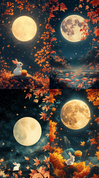 a full moon, stars, and a little white rabbit,maple leaves, mooncakes, a hand drawn illustration in the style of a vector illustration. close-up shooting of an ultra realistic and highly detailed illustration resembling a kodak ektar photograph.4k.