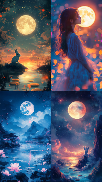 mooncakes, rabbits, a moon, bright moonlight, flowing stars and lakes, dreamlike visual experience, blurred contours and gradient colors, showcasing the charm of diffuse, flowing and intangible beauty