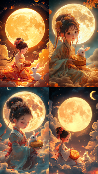 mid-autumn festival, illustration, cute fairy, background is a huge bright full moon, delicious round moon cake, wearing chinese costume, playing with a small rabbit, warm colors, clouds, 3d effects, pixar style, clear outline, edge light