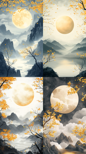 a large moon is shining in the sky, surrounded by white clouds and yellow leaves on trees. the background features dark gray misty mountains with an ethereal atmosphere. a golden light shines through the branches of two dead wood. in chinese style illustrations, flat illustration, vector graphics, flat design, and minimalist backgrounds, the sun reflects off the water surface. it has exquisite details, delicate brushstrokes, and is simple yet elegant. high definition resolution. the style is in the style of chinese illustrations, with flat illustration, vector graphics, flat design, and minimalist backgrounds