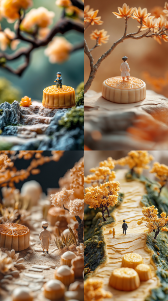 tatsuya tanaka, miniature food photography scene photography, close-up, little man walking in the kingdom of bread, mooncake close-up, osmanthus embellishment, dream textures, diagonal composition, dreamy textures, advanced photography style, warm tones, natural, surrealist style, high quality, fuiifilm