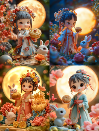 一个可爱的小女孩穿着汉服，手里拿着月饼，站在一只兔子旁边，在明亮的满月下，周围盛开着五颜六色的花朵，这是一件粘土风格的艺术品。这件艺术品色彩鲜艳，光线柔和，分辨率高。它是以波普玩具设计大师nana shih的风格创作的。该图片作为中秋海报背景，以汉字元素为特色，色彩丰富，可爱可爱