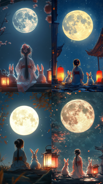 a little girl dressed in traditional hanfu looks up at the moon, with two rabbits sitting beside her, smiling happily. nightcore style, a bright moon at night, warm tones, cute full-body, blind box style, deep blue pixar style, disney style, a slightly blurred sky lantern in the background, vivid color scheme.,,in clothes