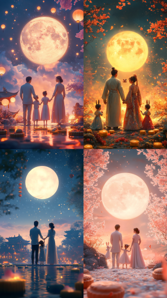 远景，广角，1 家人，父亲，母亲，孩子，手牵手站在月饼上，站立，牵手，月亮，兔子，电影闪光，3d, c4d渲染,色彩鲜艳，亮丽，rgb, 色彩斑斓，全身, 杂志摄影，在社交平台上流行，多巴胺主义，多巴胺配色，面向屏幕，多巴胺色，高饱和度，高对比度，高清晰度，8k，y2k风格，罗尔纯，三维古风，东方诗画