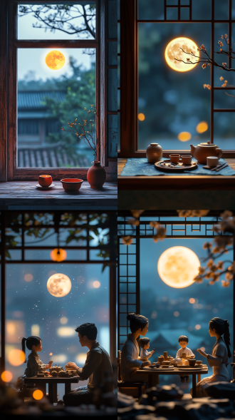miniature landscape, clay material，,the family is getting together,, the background is the chinese mid-autumn festival reunion atmosphere, the round moon in the sky outside the window, the night view, minimalism，poster art