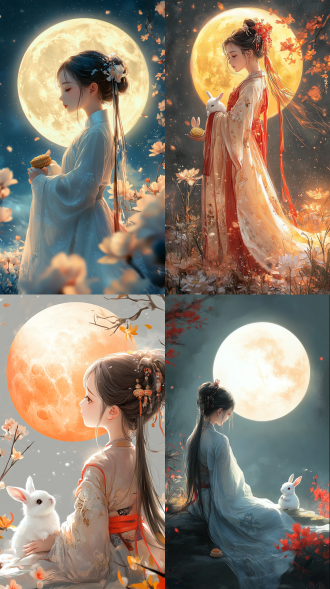 中国古风少女，汉服，中秋节，明亮的圆月，萌萌的小白兔，月饼，桂花