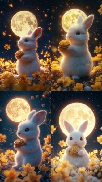 a fluffy white rabbit,holding mooncakes,soft lighting. the background is the night sky of the full moon,surrounded by bright yellow osmanthus flowers,c4d style,3d rendering,plush texture,creating a lovely graphic design of the mid-autumn festival poster digital artwork,、