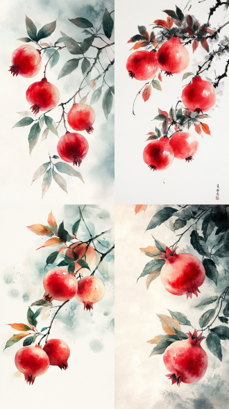 三两个石榴，绿叶，红石榴，张大千风格，中国极简主义水墨画，线条简洁，中国传统水墨画风格，景深，浅色调，禅意，墨渐变，留白，干净的白宣纸背景，高清晰度