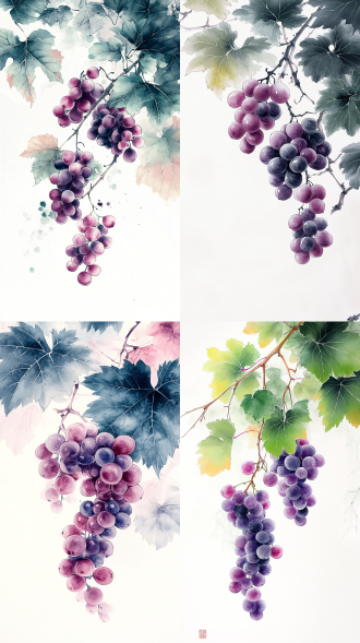 三两个葡萄，绿叶，紫葡萄，张大千风格，中国极简主义水墨画，线条简洁，中国传统水墨画风格，景深，浅色调，禅意，墨渐变，留白，干净的白宣纸背景，高清晰度