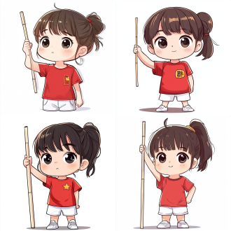 一位可爱的中国小女孩，五官精致，低双马尾辫，黑色眼睛，站立姿势，正红色短袖t恤，手举起一根细长的白色竹竿，竹竿方向垂直，白色短裤，白色球鞋，全身图，chibi，高兴表情，开心表情，粗线条艺术，贴纸艺术，白色背景，