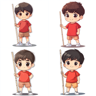 一位帅气的中国小男孩，精致短发，黑色眼睛，站立姿势，正红色短袖t恤，手举起一根细长的白色竹竿，竹竿方向垂直，咖啡色短裤，白色球鞋，全身图，chibi，高兴表情，开心表情，粗线条艺术，贴纸艺术，白色背景，