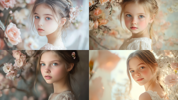 indoor portrait, young girl model, bright soft lighting, delicate features, wearing a light dress, elegant decor, floral arrangements, serene atmosphere, pastel colors, natural beauty, photography masterpiece