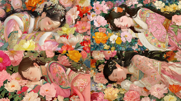 16k 超高清，汲取新艺术运动风格灵感的插画。融合彩色玻璃迷人的半透明质感与自然元素浪漫韵律。 画面中，一位中国古代美丽的公主安睡在无数彩色鲜花之中。公主身姿优雅，线条柔美，身着华丽的传统中式睡袍，丝绸材质细腻光滑，以淡粉色为主色调，上面用金银丝线绣满精致的花卉图案，如牡丹、梅花等，绣工精细，花卉栩栩如生。领口和袖口处镶有一圈轻柔的白色绒毛，增添几分温婉。 公主的面庞精致绝伦，肌肤白皙如雪，泛着淡淡的光泽。她双眼轻闭，长睫如羽，微微卷曲。眉毛宛如柳叶，眉色淡雅。嘴唇恰似娇艳欲滴的花瓣，色泽粉嫩。乌黑亮丽的长发如瀑布般散开，铺在鲜花之上，发间点缀着几朵小巧的珍珠与宝石制成的花朵发饰，在微光下闪烁着柔和光芒。 环绕着公主的是无数五彩斑斓的鲜花。有娇艳的粉色桃花、明黄色的迎春花、淡紫色的丁香花、洁白的梨花等等，它们相互交织，形成一片花的海洋。花瓣轻薄透明，呈现出类似彩色玻璃的半透明质感，在光线的穿透下，散发出梦幻般的色彩，仿佛每一片花瓣都蕴含着独特的光芒。花朵与藤蔓相互缠绕，藤蔓的线条蜿蜒曲折，犹如灵动的丝带，顺着公主的身体轮廓蔓延，与公主的身姿完美融合，仿佛公主与鲜花藤蔓本就一体，宛如从画中走出的花中仙子。 画面整体以柔和的光线为主，光线仿佛从上方轻轻洒落，给公主和鲜花披上一层朦胧的光晕，营造出优雅、神秘且浪漫的氛围。每一处细节，从公主的发丝到花瓣的脉络，都刻画得细腻入微，每一笔都充满生机，传递着大自然的诗意，展现对自由与美的不懈追求。