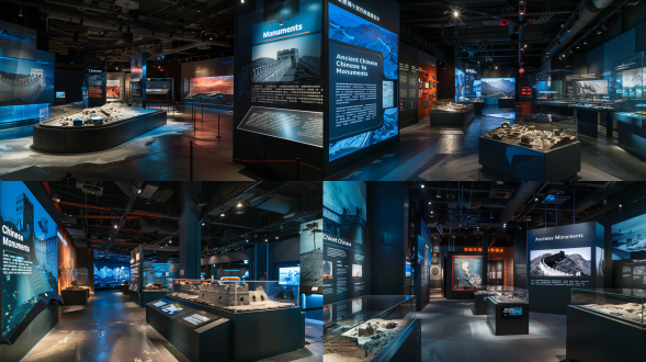 石雕长城展厅，七米高空间，大型led屏幕，沉浸式互动装置，黑蓝灰墙面，暗光环境，写实风格，城楼、拱门、角楼、石雕路径，中国古代建筑元素，"中国古迹"墙，中央巨型雕塑模型，四角建筑环绕，展示长城全貌及受损部分，广角镜头，高对比度，冷色调，侧光，静态展示，历史感，宏伟壮观。