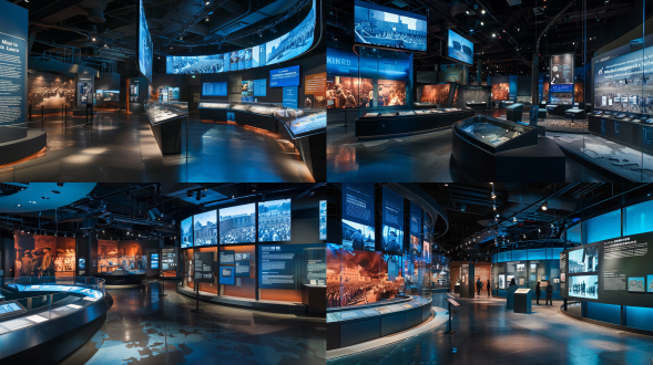 八米高展厅，圆形透明玻璃墙，古代城市繁忙市场横幅插图，黑色哑光软瓷砖地面，开放式展品区，天花板悬挂大型屏幕展示古代贸易过程及文字说明，高分辨率多角度摄影，现代设计风格。广角镜头，高清晰度，自然光，现代简约，历史感，科技感。