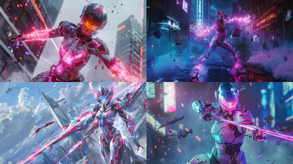 futuristic female warrior, cyberpunk style, full-body biomechanical armor with glowing neon circuits, holographic visor displaying data streams, dynamic pose with plasma energy sword, surrounded by floating tech debris, hyper-detailed mechanical joints and robotic limbs, vibrant magenta and cyan color scheme with metallic chrome accents, dystopian megacity background with flying drones and holographic billboards, cinematic lighting with volumetric fog, 8k ultra-realistic rendering, sharp contrast, trending on artstation, concept art by yoji shinkawa and syd mead