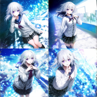 白发，少女，jk水手服，褶皱裙，全身像，最佳质量，长镜头特写，脸部细节佳，黄金分割布局，五根手指，手指清晰，细节清晰，紫色眼眸，