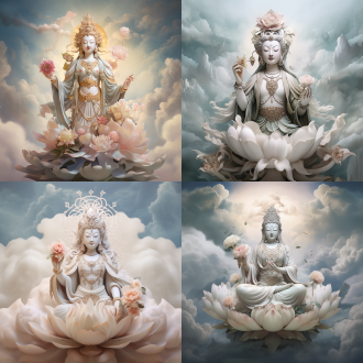 观音菩萨站立云端，莲花云环绕，超精细逼真风格，智慧女性面容，真人比例，云端背景，广角镜头，柔和光线，细腻纹理，莲花元素，宁静氛围，柔和色调，慈悲表情。