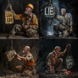 中年男性民工，跪地挣扎，铁链束缚，举起岩石字母“life”，超写实风格，摄影写真，超清细节，人像摄影，暗光，画面冲击力，空间感，压迫感，昏暗灯光，光影运用，神秘魅力，超高分辨率，32k uhd，最佳质量，杰作。