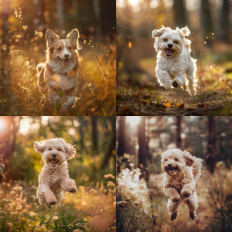 萌宠在森林草地，柔和光线，室外，浅色调，大光圈，自然光，微笑，毛茸茸，温暖，对角线布局，广角镜头，侧光，快速快门，跳跃，放松。