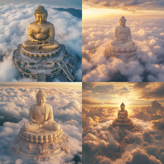 祥云环绕巨大释迦牟尼佛，超广角镜头，云海中，庄严神圣，金色佛光，广角镜头，全景视角，高动态范围，柔和光线，宁静祥和，金色与白色，敬畏与虔诚，逼真，8k