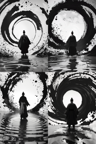 人在圆圈水墨中，背景水墨泼溅，水墨画，高对比度，广角镜头，神秘氛围，超高清，极限像素，中间构图，远景，黑白，宁静，深邃，极简主义。