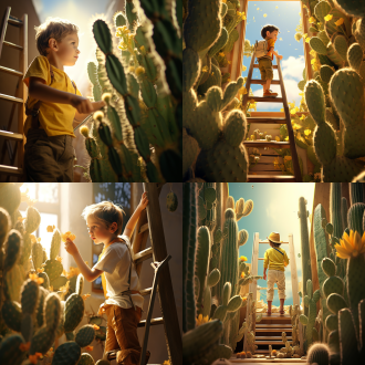 夸张大仙人掌开花，小男孩爬梯子，黄色白色衣服，调皮表情，阳光照射，森林背景，3d立体效果，窗台阳台背景，艺术摄影，特写，广角镜头，自然光，鲜艳色彩，冒险，好奇。