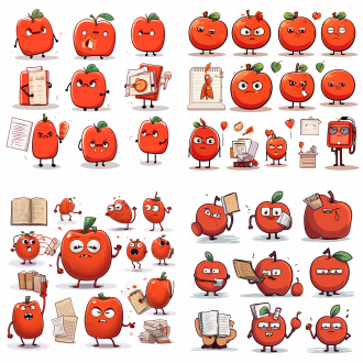 红通通柿子拟人，手里拿着办公工具，各种表情，每个表情写着对应的文字，生气、开心、愤怒、犯困、发呆、快乐、悲伤、惊讶、厌恶、疑惑、自信、害羞等，插画集，火柴人风格，动态姿势，白色背景，皮克斯风格，泥塑风格，3d立体，精细刻画，夸张表情，明亮色彩，卡通渲染，柔和光线，幽默感，情感表达，创意构图。
