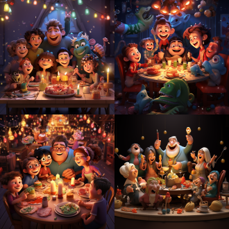 公司年夜饭聚餐，人物喜庆，开心，皮克斯风格，泥塑风格，3d立体，精细刻画，明亮色彩，卡通渲染，欢声笑语，格式菜系