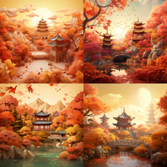 秋林中有亭子和宝塔的中式景观，暖秋色纸质插画质感3d浮雕效果，8k高清，广角，柔和光，静谧。