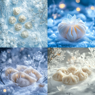 立冬吃饺子海报，雪地冰花背景，唯美构图，创意设计，清晰画面，冷色调，柔和光线，正面视角，温馨。
