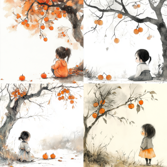 女娃娃仰头望柿子树，树下坐地上流口水，张大千风格水墨画，浅色调，简洁线条，白宣纸背景，高清晰度，禅意，景深。