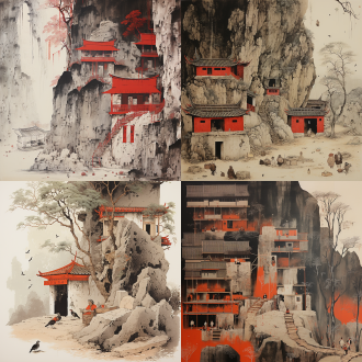 极简主义，超精细绘画，蕾丝，意境水墨，独特的民居形式窑洞，窑洞门上红色对联，院子有石磨，旁边一慈祥老人在树下纳鞋底，版画，半透明，有规律的构图，近景，俯视视角，顶视图，在历史厚重的世界里，在冬日的阳光里