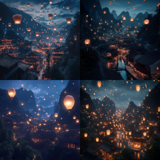 夜间山谷层峦间无数孔明灯升空照亮夜空，古街古建筑热闹，俯视构图，写实电影感，4k高清，冷色调，长曝光，宁静。