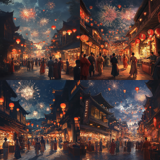 繁华热闹古街上，古装服饰人群绰绰，夜空烟花璀璨，红色灯笼点缀，烟火气息，各色摊位，暖光