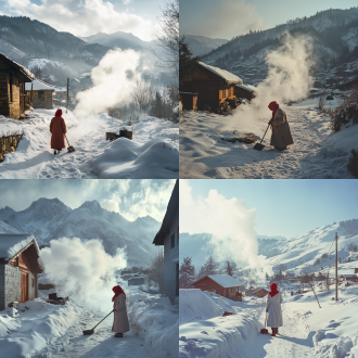 小山村晨曦雪天，远近山峦雪景，妇人着棉衣红头巾扫雪，炊烟袅袅，超现实风格，广角镜头，侧逆光，高清，宁静温馨。
