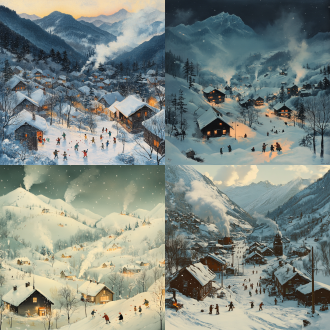 50-60年代小山村雪天黄昏，孩子玩雪球，山峦起伏屋顶炊烟，俯视超现实，侧逆光，高清，活泼可爱，温馨，冷色调。