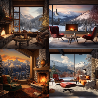 50-60年代屋内火炉暖光，门外雪山树林，精致刻画4k高清墙纸，中心构图，暖色调，标准镜头，侧逆光，宁静。