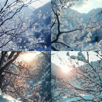 冬雪山间山枣树，冰花晶莹特写，高清4k高细节，冷色调，纯净浪漫，侧逆光，柔和光线，宁静。