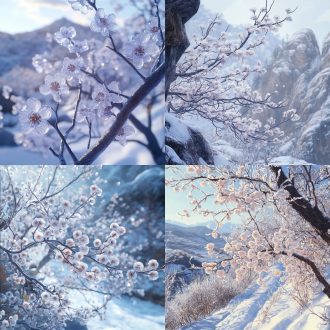 冬雪山间山道边，浪漫纯净，山枣树上冰花晶莹纯美，特写高清4k，高细节刻画