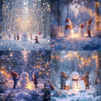 冬日冰雪林间孩童堆雪人雪花飞舞，全景视角，c4d渲染，冷色调，柔和光线，欢笑，温馨，精灵元素。