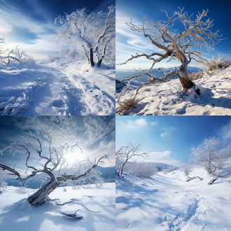 空山冬景雪满枝，大面积天空，远景构图，电影光线，微距镜头，高清画质，冷色调，静谧。