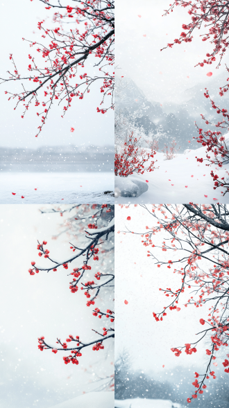 大雪节气景象，白色天地，简约构图，雪地中红梅点点，冷色调，全景镜头，柔和顶光，静谧，宁静。