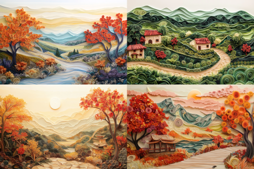 衍纸制作的新农村景象，中式绘画风格，全景构图，暖色调，柔和光线，田园元素，宁静祥和。